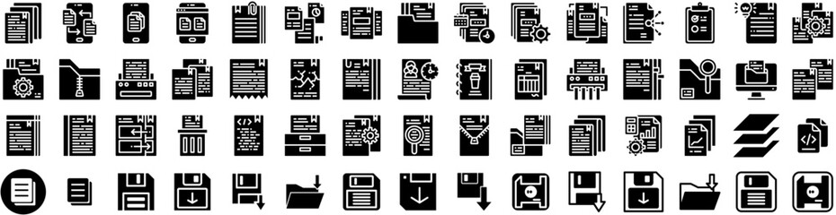 Set Of Files Icons Isolated Silhouette Solid Icon With File, Computer, Document, Office, Management, Business, Information Infographic Simple Vector Illustration Logo