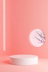 Pedestal in pink interior with tree shadows. 3d rendering background.