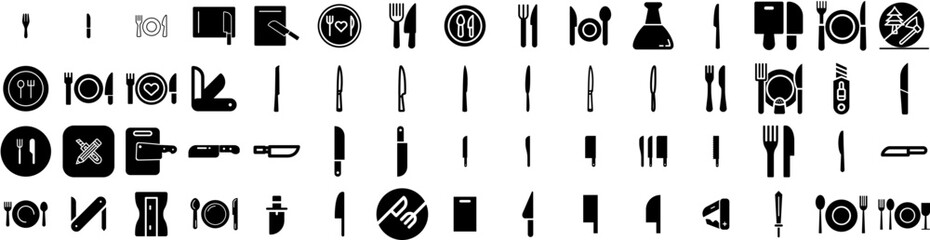 Set Of Knife Icons Isolated Silhouette Solid Icon With Dinner, Kitchen, Knife, Isolated, Design, Fork, Meal Infographic Simple Vector Illustration Logo
