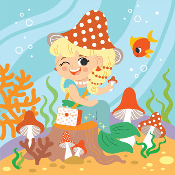 Cute mermaid with mushrooms under the sea vector illustration