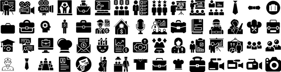 Set Of Professional Icons Isolated Silhouette Solid Icon With Happy, Background, Business, Confident, Technology, Professional, Office Infographic Simple Vector Illustration Logo