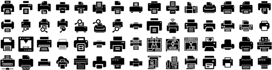 Set Of Printer Icons Isolated Silhouette Solid Icon With Document, Paper, Technology, Machine, Printer, Office, Print Infographic Simple Vector Illustration Logo
