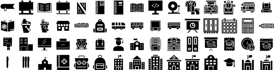 Set Of School Icons Isolated Silhouette Solid Icon With Back, Concept, School, Education, Student, Study, Book Infographic Simple Vector Illustration Logo