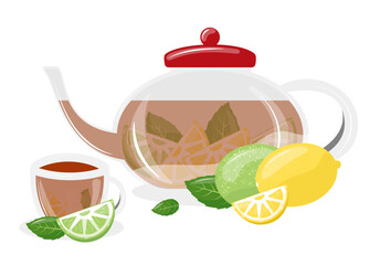 Tea with lemon, lime and mint. Teapot and cup of tea. International tea day. Vector illustration isolated on white background. 