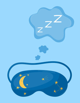 Blue sleep mask with moon and stars. Mask for sleeping. Vector illustration. Сute design for cards. 