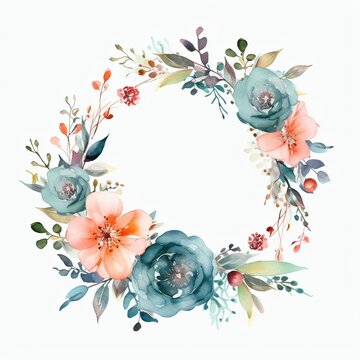 Wreath, floral frame, watercolor flowers roses, Illustration hand painted. Isolated on white background. Perfectly for greeting card design. Generative Ai.