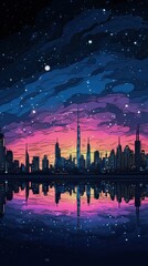 illustration of Night Dubai skyline. illustration of Dubai city in United Arab Emirates and its landmarks. Famous buildings included such as Burj Khalifa, Burj Al Arab, Dubai Atlantis, Generative Ai.