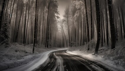 Snowy and frozen mountain road in winter landscape. Generative Ai.