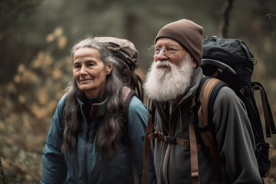 Beautiful seniors couple. Old people are hiking. Active retirement. Positive aging. Pensioners are joying walking outdoors and nature. Cool senior. Generative AI.