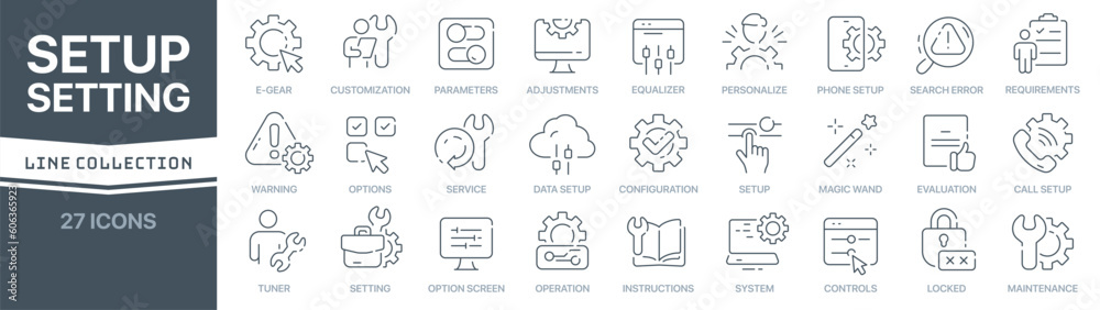 Poster Setup and setting linear signed icon collection. Signed thin line icons collection. Set of setup and setting simple outline icons