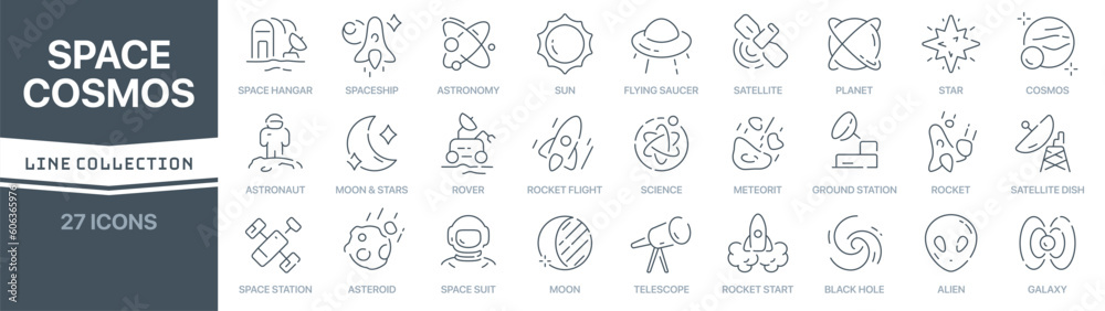 Wall mural space and cosmos linear signed icon collection. signed thin line icons collection. set of space and 