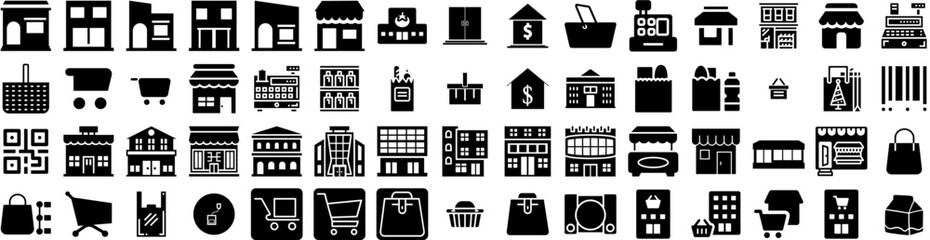 Set Of Supermarket Icons Isolated Silhouette Solid Icon With Market, Store, Shop, Purchase, Grocery, Supermarket, Retail Infographic Simple Vector Illustration Logo