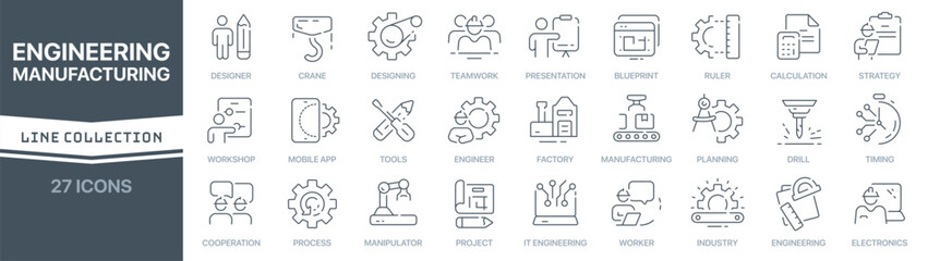 Engineering and manufacturing linear signed icon collection. Signed thin line icons collection. Set of engineering and manufacturing simple outline icons