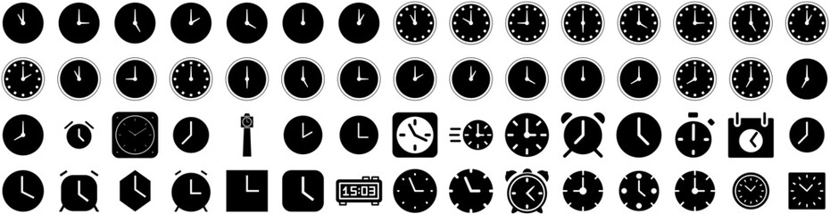 Set Of Clock Icons Isolated Silhouette Solid Icon With Watch, Icon, Time, Hour, Alarm, Clock, Timer Infographic Simple Vector Illustration Logo