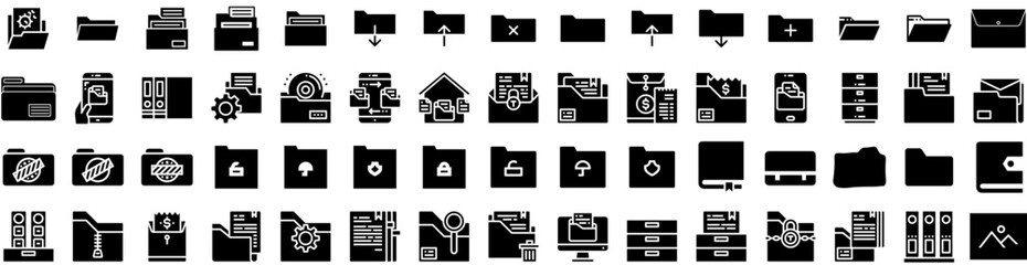 Set Of Folder Icons Isolated Silhouette Solid Icon With Illustration, Open, File, Folder, Document, Business, Paper Infographic Simple Vector Illustration Logo