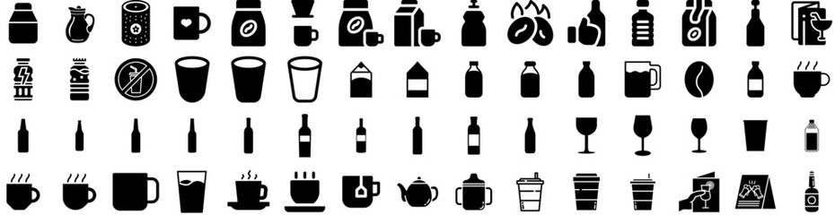 Set Of Drink Icons Isolated Silhouette Solid Icon With Lifestyle, Beverage, Glass, Girl, Young, Woman, Drink Infographic Simple Vector Illustration Logo