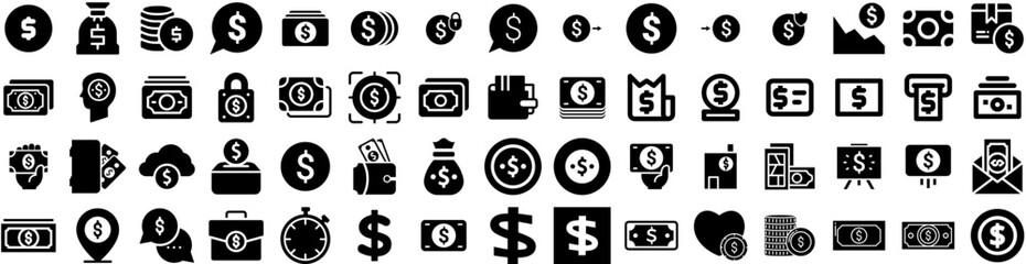 Set Of Dollar Icons Isolated Silhouette Solid Icon With Business, Dollar, Banking, Bank, Money, Finance, Currency Infographic Simple Vector Illustration Logo