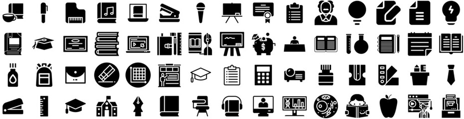 Set Of Education Icons Isolated Silhouette Solid Icon With Book, Education, Student, Study, Knowledge, University, School Infographic Simple Vector Illustration Logo - obrazy, fototapety, plakaty