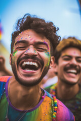 Smiling Generative AI Couple at LGBTQ+ Gay Pride Parade in Sao Paulo. Love and Diversity in the LGBTQ+ Community. Sao Paulo Pride Month Celebration
