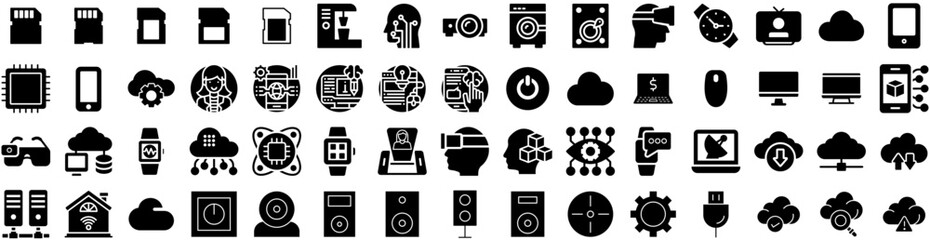 Set Of Technology Icons Isolated Silhouette Solid Icon With Future, Abstract, Network, Digital, Concept, Technology, Data Infographic Simple Vector Illustration Logo