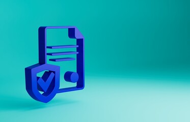 Obraz premium Blue Contract with shield icon isolated on blue background. Insurance concept. Security, safety, protection, protect concept. Minimalism concept. 3D render illustration