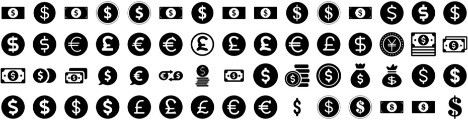 Set Of Currency Icons Isolated Silhouette Solid Icon With Payment, Cash, Finance, Money, Exchange, Business, Currency Infographic Simple Vector Illustration Logo