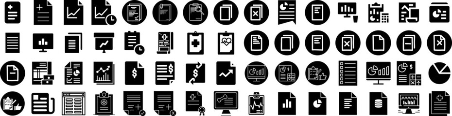 Set Of Report Icons Isolated Silhouette Solid Icon With Analysis, Report, Finance, Business, Chart, Financial, Data Infographic Simple Vector Illustration Logo