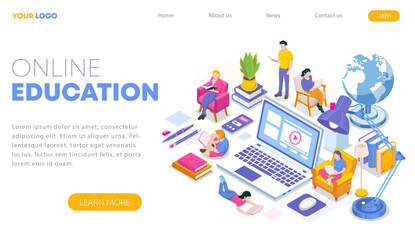 Isometric concept of online education in modern flat design. Landing page template. Training courses, tutorials, lectures. Vector illustration for web banner, infographics, and website..