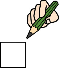 鉛筆で枠に何かを記入しようとする指のイラスト