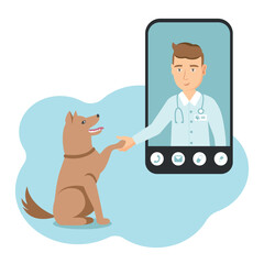 Vector illustration with a veterinary doctor and a happy dog giving a paw. Smartphone with an online doctor who helps to a domestic animal. Online medical consultation