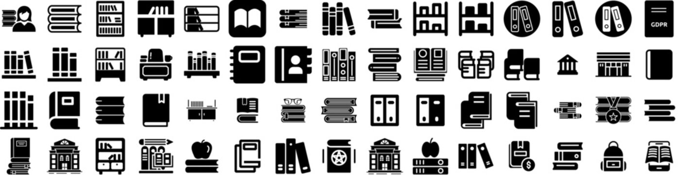 Set Of Books Icons Isolated Silhouette Solid Icon With Isolated, Vector, Library, Illustration, Book, Education, Design Infographic Simple Vector Illustration Logo
