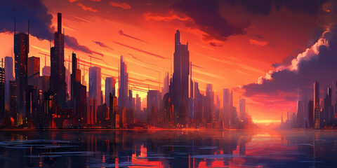 Naklejka premium Panoramic cityscape in cyberpunk futuristic style. Towering skyscrapers in neon retrowave colors. Generative AI