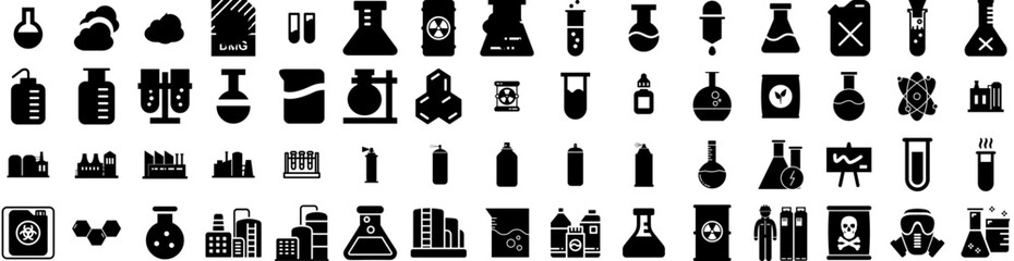 Set Of Chemical Icons Isolated Silhouette Solid Icon With Toxic, Laboratory, Equipment, Chemical, Science, Chemistry, Medical Infographic Simple Vector Illustration Logo