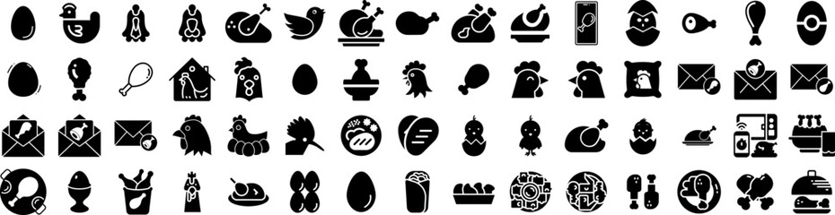 Set Of Chicken Icons Isolated Silhouette Solid Icon With Cooked, Meal, Food, Poultry, Chicken, Crispy, Meat Infographic Simple Vector Illustration Logo