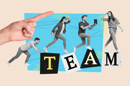 Artwork collage image of big arm point finger mini black white colors coworkers team run use netbook push forward isolated on beige background