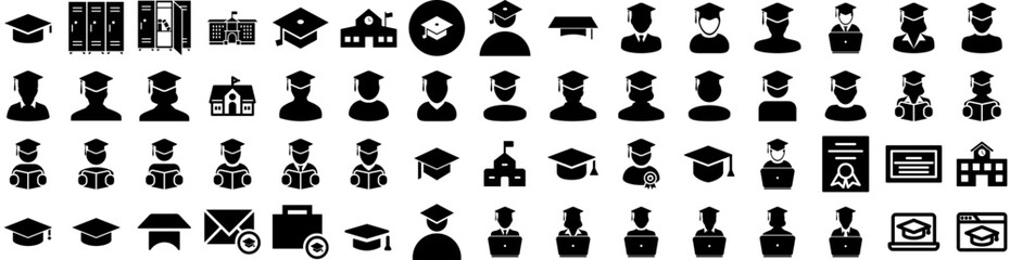 Set Of College Icons Isolated Silhouette Solid Icon With Education, Student, College, University, School, Young, Campus Infographic Simple Vector Illustration Logo