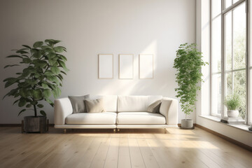 Fototapeta na wymiar A modern living room with blank frames, white sofa, and potted plants. Ai generative.