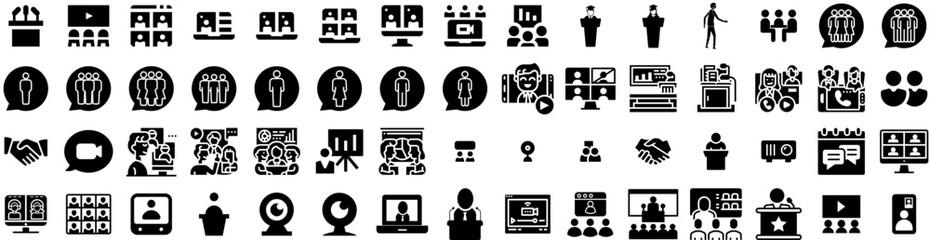 Set Of Conference Icons Isolated Silhouette Solid Icon With Meeting, Manager, Business, Conference, Presentation, Businessman, Corporate Infographic Simple Vector Illustration Logo