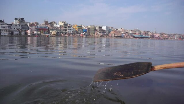Low angle view of vrindavan ghat from yamuna river