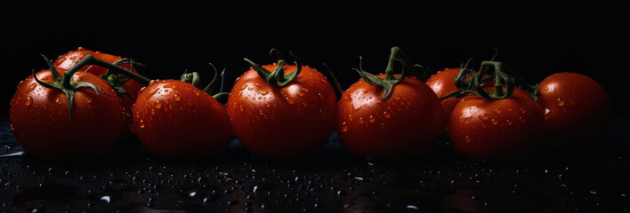 Bright and fresh tomatoes with water droplets on a black background for healthy eating and vegetarian food Ai generative.