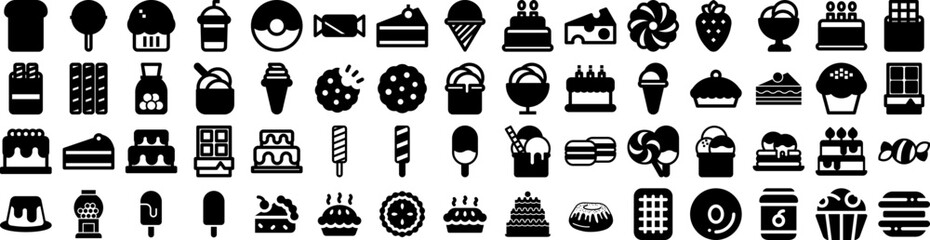 Set Of Dessert Icons Isolated Silhouette Solid Icon With Sweet, Bakery, Dessert, Cake, Pastry, Delicious, Food Infographic Simple Vector Illustration Logo