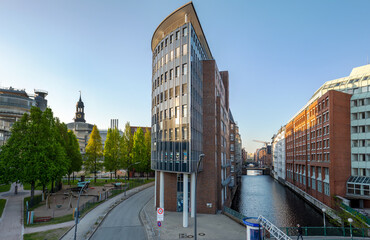 City view of Hamburg in springtime, evening sun