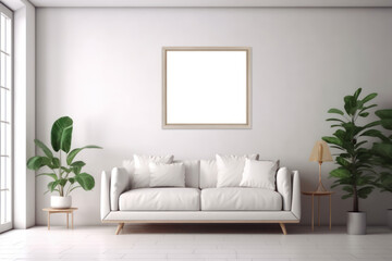 A modern living room with a white couch, potted plants, and a blank frame on the wall. Ai generative.