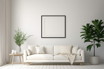 A minimalistic living room with a blank frame, white couch and potted plants Ai generative.