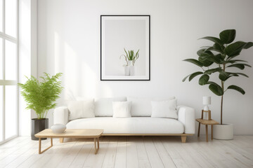 A modern domestic living room with a white couch, potted plants, and a blank frame on the wall Ai generative.