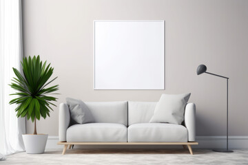 A contemporary living room featuring a white sofa, potted plants, and a blank frame on the wall for personalization. Ai generative.