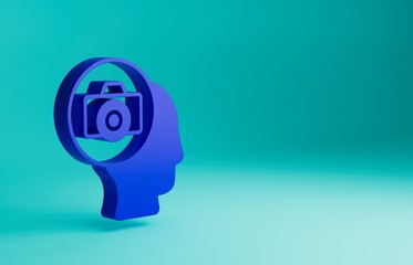 Blue Photo camera icon isolated on blue background. Foto camera. Digital photography. Minimalism concept. 3D render illustration