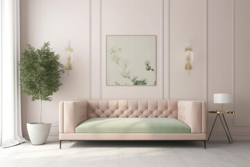A comfortable and modern domestic room filled with elegance and design. The room pastel colors are accentuated by the sofa, framed wall art mockup. Home interior design inspiration. Ai generative.