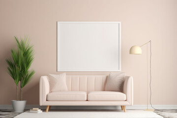 Domestic room in pastel colors with sofa, electric lamp, and wall with plant and framed wall art mockup. Modern and stylish design perfect for home interior decoration. Ai generative.