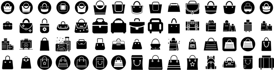 Set Of Handbag Icons Isolated Silhouette Solid Icon With Fashion, Luxury, Leather, Stylish, Handbag, Bag, Purse Infographic Simple Vector Illustration Logo